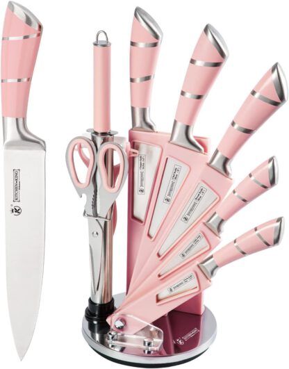 9-Pieces Pink Sharp Non-Stick Coated Chef Knives Block Set, Kitchen Knife Set, Stainless Steel Knife Set for Kitchen with Sharpener for Cutting Slicing Dicing Chopping