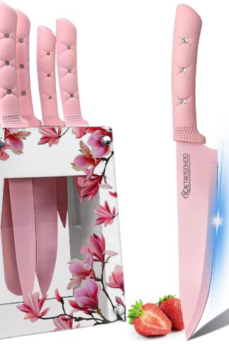 Kitchen Knife Set, Pink Flower 6PC Stainless Steel Sharp Chef Knife Set with Acrylic Stand, Cooking Non-slip Knife Set with Block, Non-stick Colorful Coating Gift for Women Girls