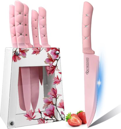 Kitchen Knife Set, Pink Flower 6PC Stainless Steel Sharp Chef Knife Set with Acrylic Stand, Cooking Non-slip Knife Set with Block, Non-stick Colorful Coating Gift for Women Girls