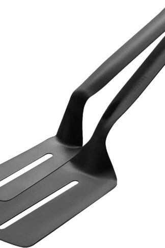 Kitchen Tongs Steak Clamp Bread Tongs 10 inch Double Spatula Tongs Clip Pizza Clamp Stainless Slotted Multi-Function Food Flipping for Bread Eggs BBQ Hamburgers Patties Pancakes (1, Matte Black)