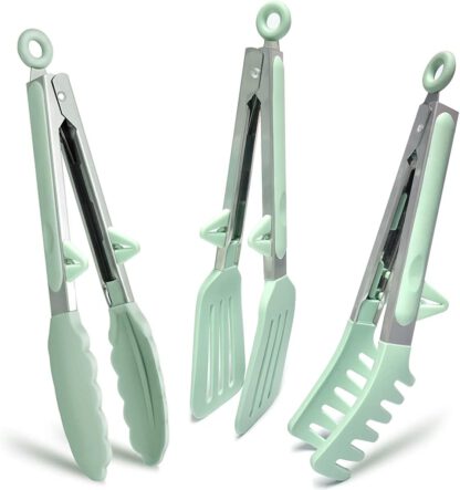 Kitchen Tongs for Cooking, 9 Inch Small Silicone Tongs, Food Grade Mini Serving Tongs with Silicone Tips, Set of 3, Green