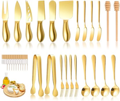 LifeMusican Gold Cheese Knife Set For Charcuterie Board Accessories, Stainless Steel Cheese Slicer And Butter Spreader knives Kit With Serving Tongs, Spoons, Forks, Flags Cheese Markers, Honey Dipper