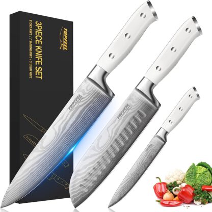 3PCS - 8 Inch Chef's Knife & 7 Inch Santoku Knife& 5 Inch Utility Knife, White Sharp Kitchen Knife Set, Professional Chef Knife Set 7CR17MOV German High Carbon Stainless Steel Japanese Knives