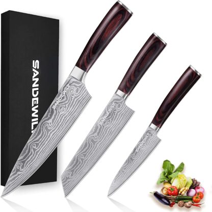 3PCS Ultra Sharp Japanese Knife with Sheath, Ergonomic Pakkawood Handle Elegant Gift Box for Home or Restaurant, Professional Kitchen Knives High Carbon Stainless Steel Chef Knife Set