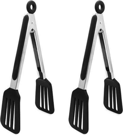 Cooking Tongs 9 inches 2-Pack Stainless Steel Kitchen Silicone Serving Tongs Heat Resistant Grill Tongs Meat Turner Spatula Tongs Fish Tongs with Locking Handle Joint, Black