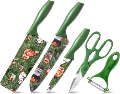 Kitchen Knife Set 5 Pcs, Sharp Stainless Steel Chef Knife Set, Food Grade Non-stick Coating Green Knife Set, Perfect Present for Birthday, Weding, Housewarming