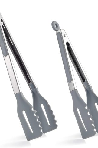 Kitchen Tongs, 5-in-1 Cooking Tongs, 9 Inch and 12 Inch BBQ Tongs, Non-Stick, Locking, Stainless Steel Tong with Silicone Tips, Heat Resistant, 2 Pack, Grey