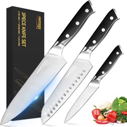 Topfeel Professional Chef Knife Set Sharp Knife, German High Carbon Stainless Steel Kitchen Knife Set 3 PCS-8" Chefs Knife &7" Santoku Knife&5" Utility Knife, Knives Set for Kitchen with Gift Box
