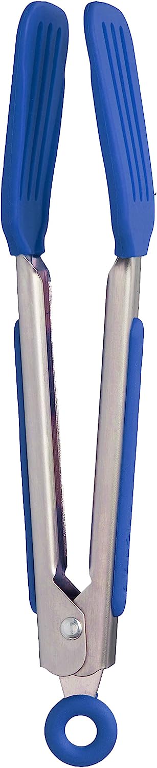 Mini Turner, Flat Head, Easy-Lock Mechanism, Non-Slip Grip Tongs for Cooking & Grilling, BPA-Free & Dishwasher Safe Silicone Cooking Utensils, Stratus Blue