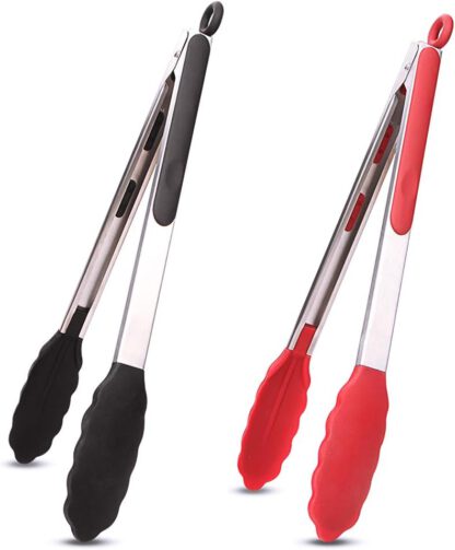Kitchen Tongs Set of 2 Silicone Tongs in Pinch Test Grade, 12 Inch Salad Tongs Cooking Tongs with Silicone Tips IP Accessories, Metal Tongs for Cooking, Grilling, BBQ and Serving - Black & Red